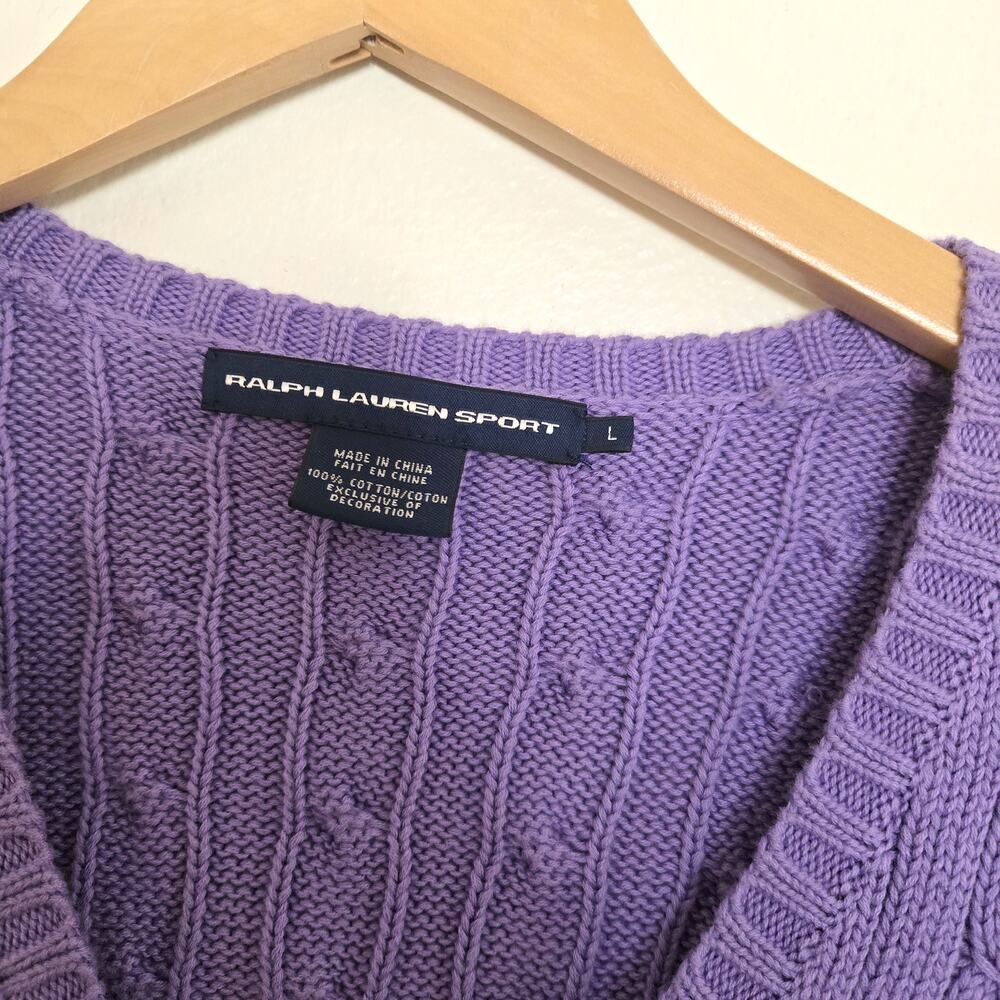 Ralph Lauren Sport Purple Cable Knit V-Neck Sweater L 100% Cotton Y2K Preppy - Picture 4 of 5